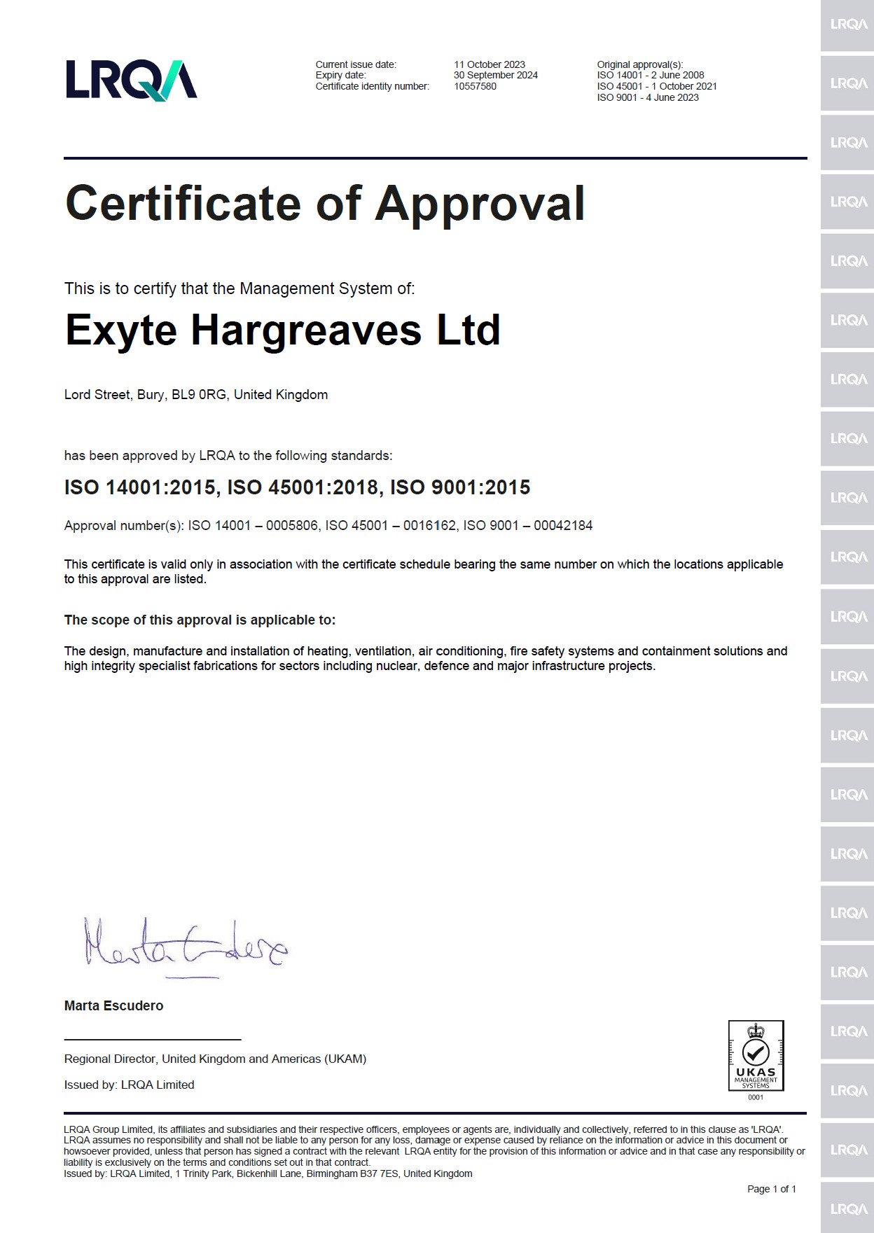 Exyte Hargreaves management system approval certificate